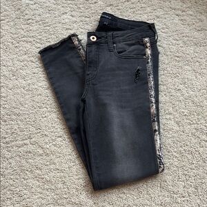 Black Distressed Jeans with Snake Print Trim